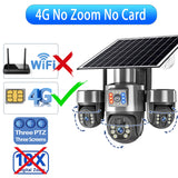 20MP 4G Sim Solar Camera WiFi 10X Optical Zoom 3-PTZ 4-Lens 3-Screens Outdoor Wireless Security Cameras Auto Tracking CCTV V380