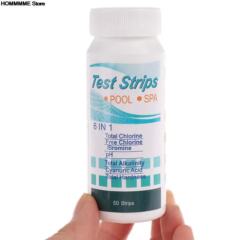 Tiras de prueba de cloro y pH multiusos 6 en 1, 50 unidades por botella, para piscinas y spas.