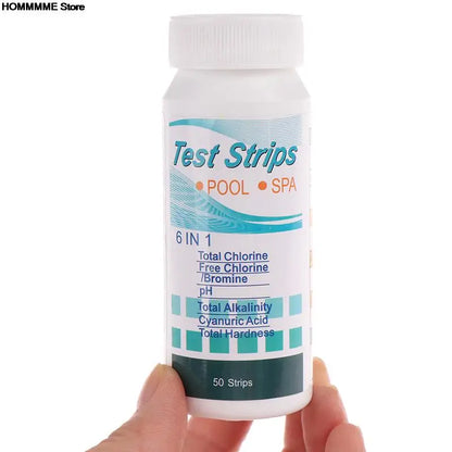 Tiras de prueba de cloro y pH multiusos 6 en 1, 50 unidades por botella, para piscinas y spas.