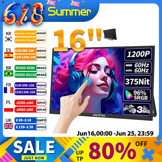 HGFRTEE 16inch Touch Portable Monitor 16:10 96%sRGB 350Cd/m² Second Screen For Laptop With Holder Stand Type-C HDMI-Compatible