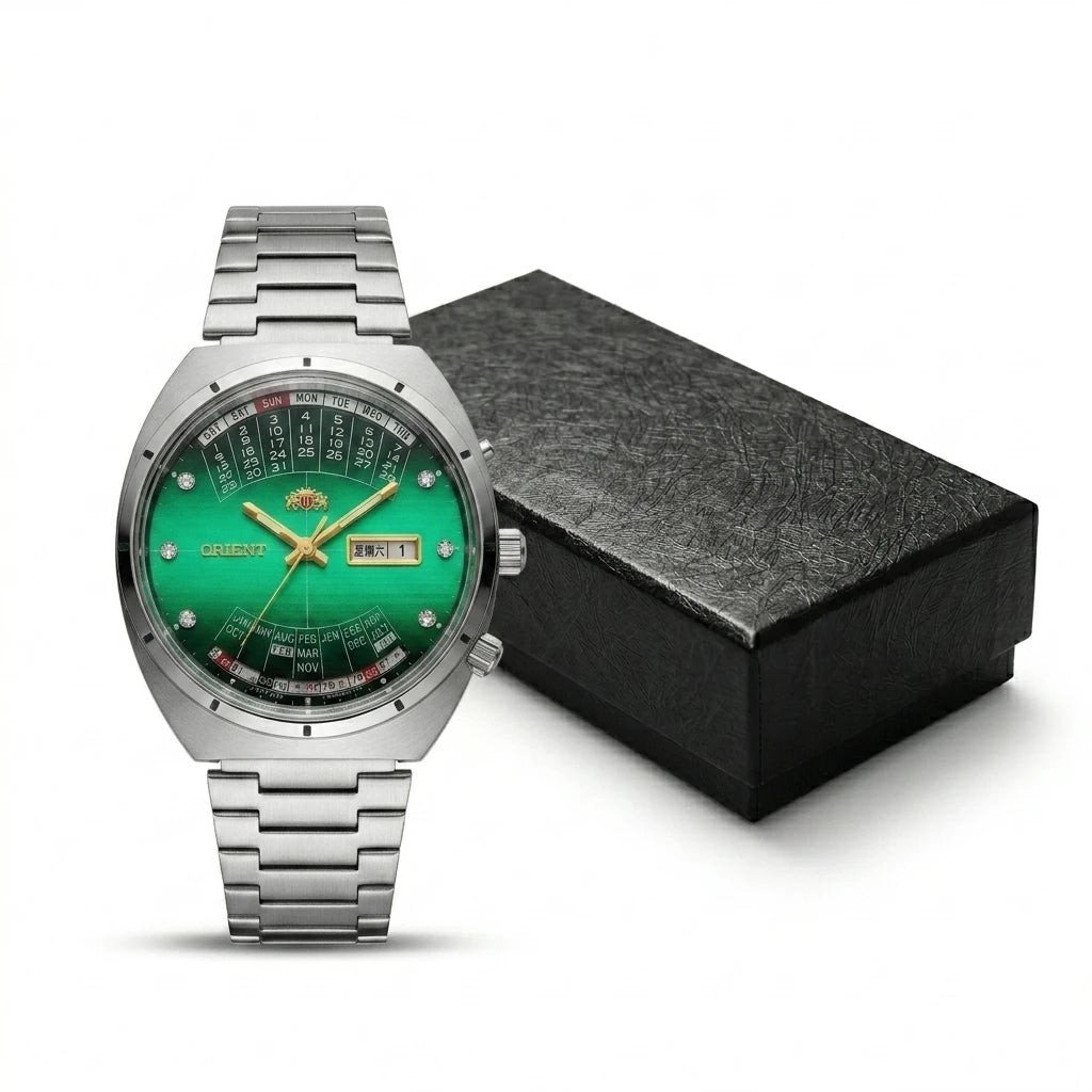 Relógio masculino automático vintage com calendário perpetuo em aço inoxidável