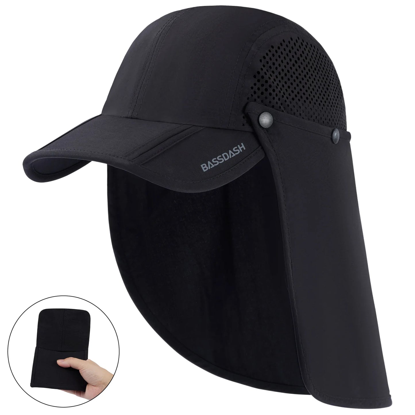BASSDASH UPF 50+ Foldable Fishing Hat Baseball Cap with Removable Neck Flap Portable for Men Women Golf Hiking