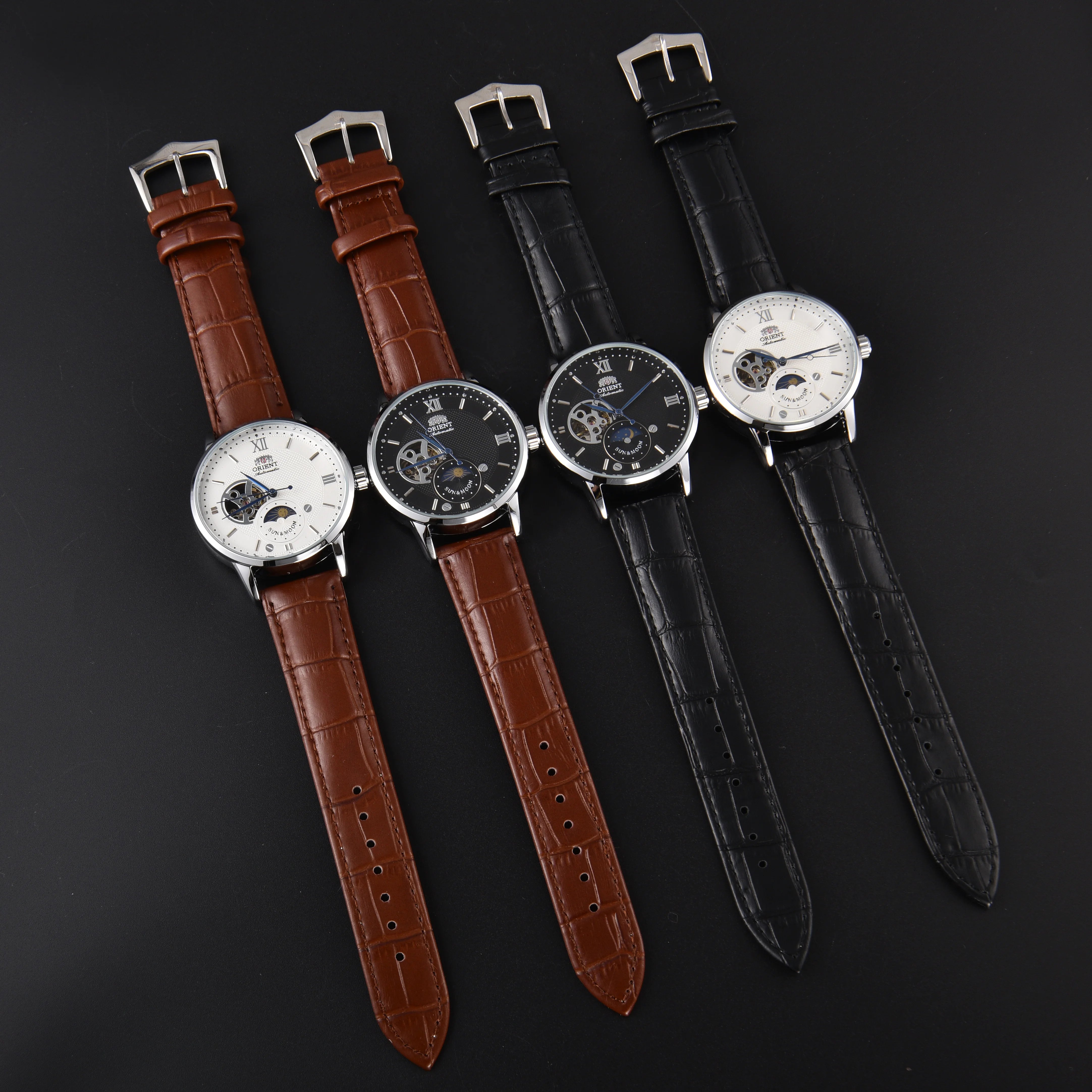 Orient Sun & Moon Semi Skeleton Automatic Watch Men's White Dial Black Leather Strap Sapphire Crystal 50M Water-Resistant Dress Watch