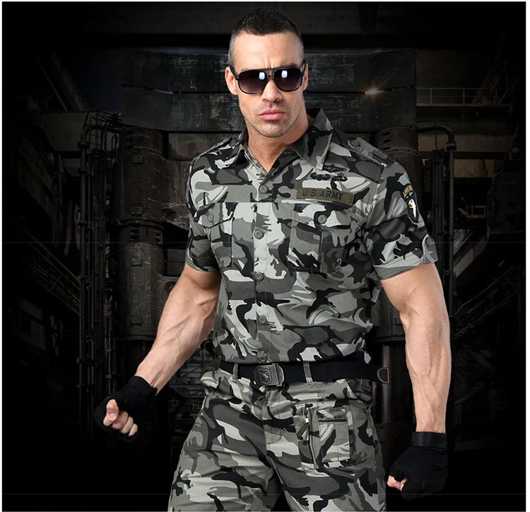 Short Sleeved Shirts Men Tactical T-shirt Spring Summer Workwear Cotton Vintage Shirt  Army Embroidery Pocket Cargo Tees