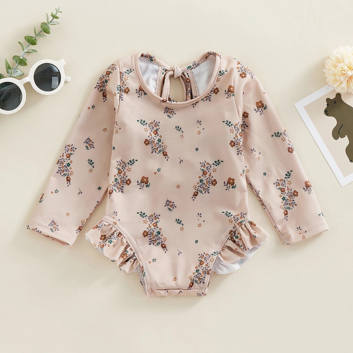 Traje de baño de verano para niñas pequeñas, estampado floral, sin espalda, con volantes, manga larga, ropa de playa para niñas de 0 a 4 años