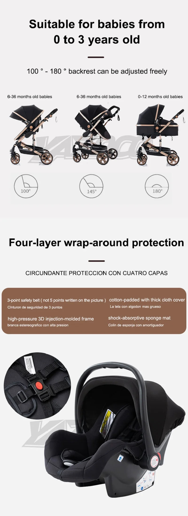 Cochecito de bebé 3 en 1 de lujo, portátil, de viaje, plegable, con marco de aluminio, de gran altura, para recién nacidos.