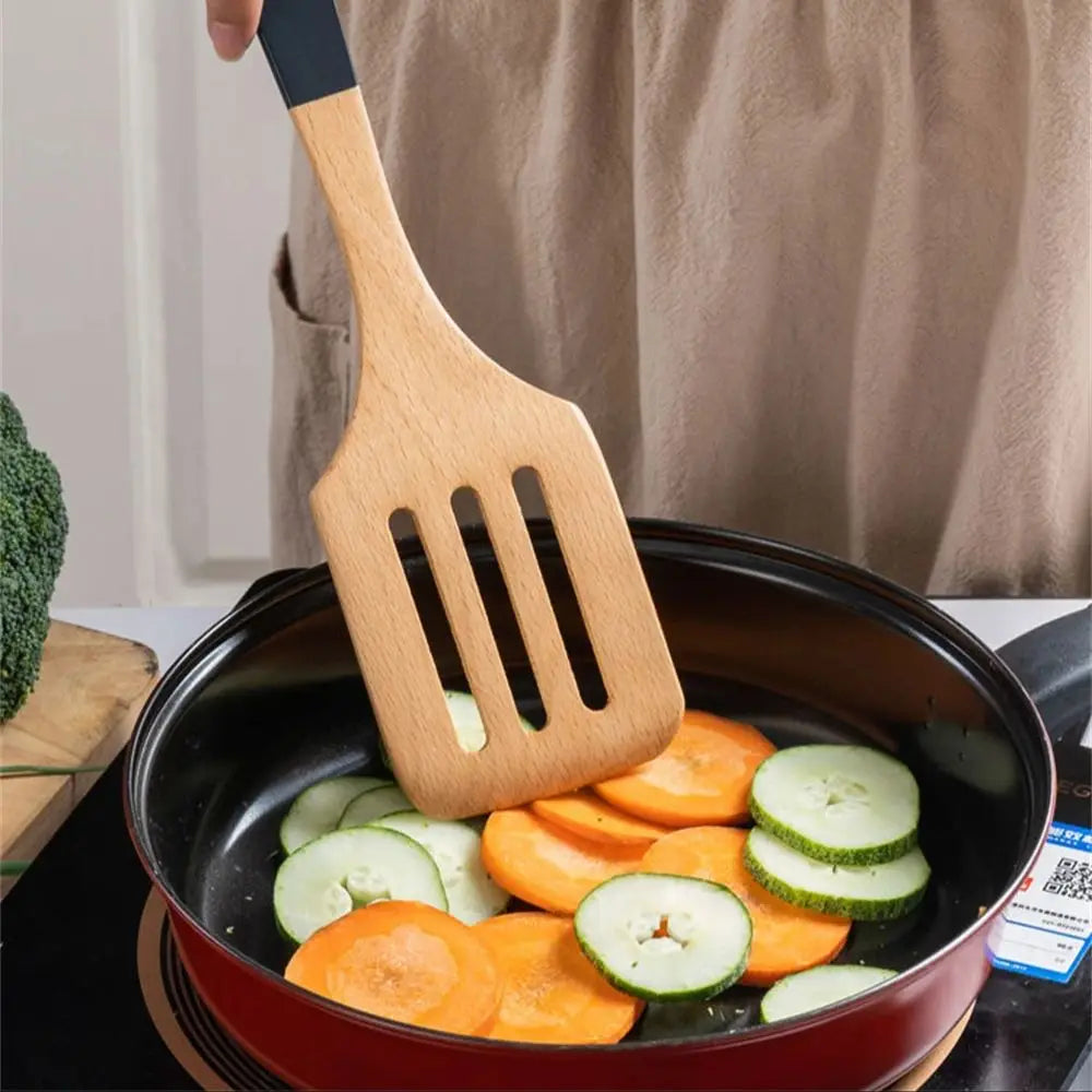 Espátula de madera con mango largo para cocinar, antiadherente, para saltear, resistente al calor, para el hogar, accesorio de cocina