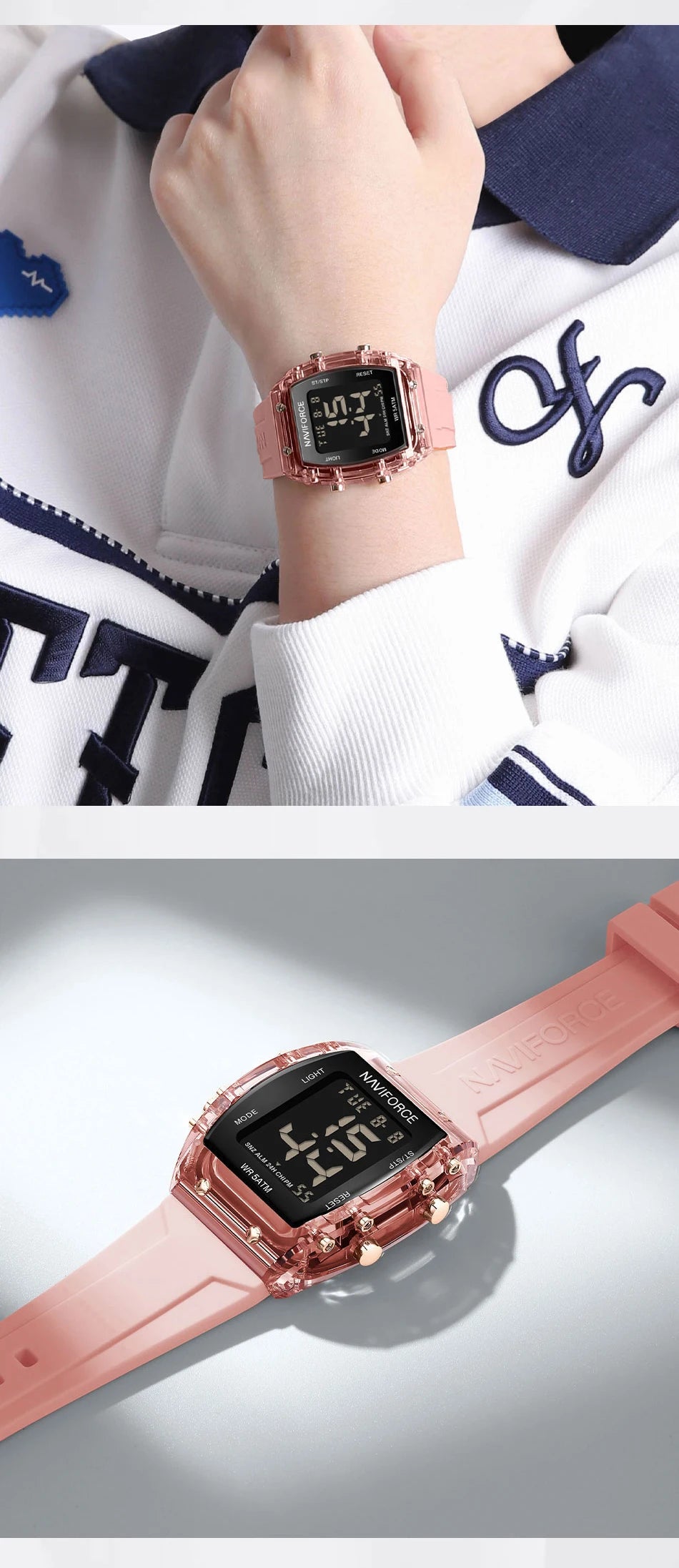 Relojes NAVIFORCE para mujer, con movimiento digital LCD, reloj de moda para mujer, resistente al agua hasta 50 m, correa de silicona, relojes de pulsera deportivos electrónicos.