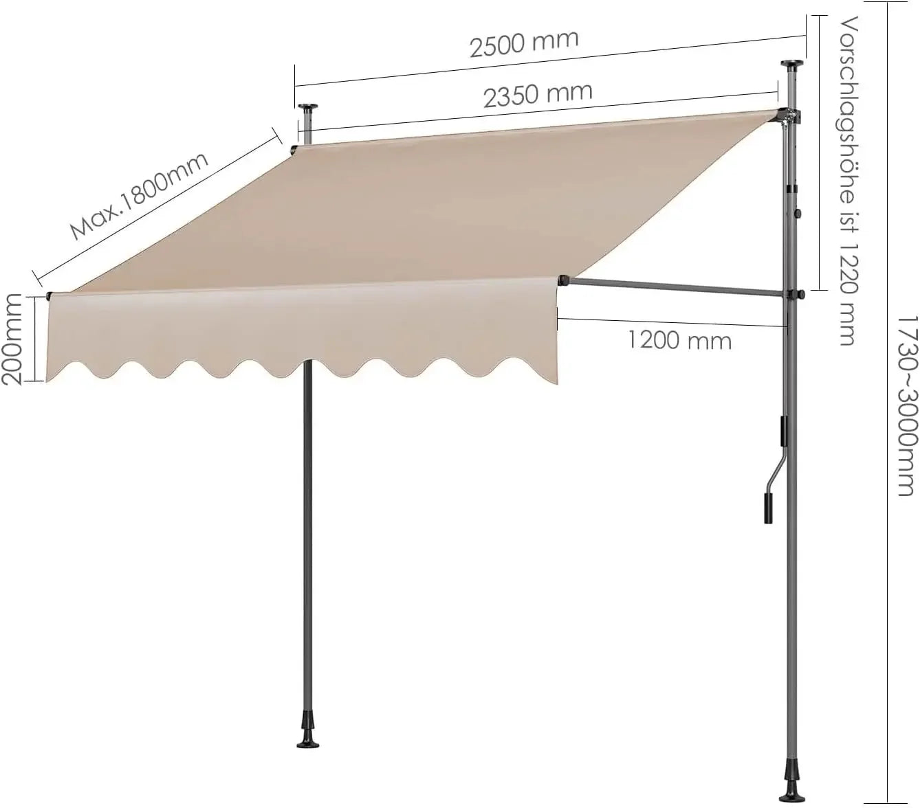Awning Balcony Patio Retractable Awning UV50+ Sun Shade Awning Clamp Garden Sun Protection with Hand Crank Without Drilling