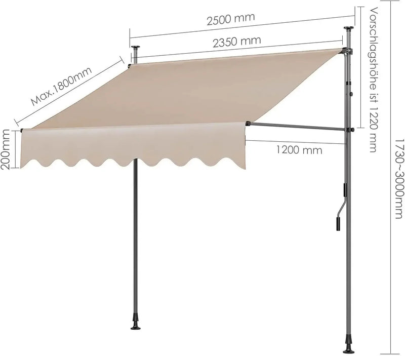 Awning Balcony Patio Retractable Awning UV50+ Sun Shade Awning Clamp Garden Sun Protection with Hand Crank Without Drilling