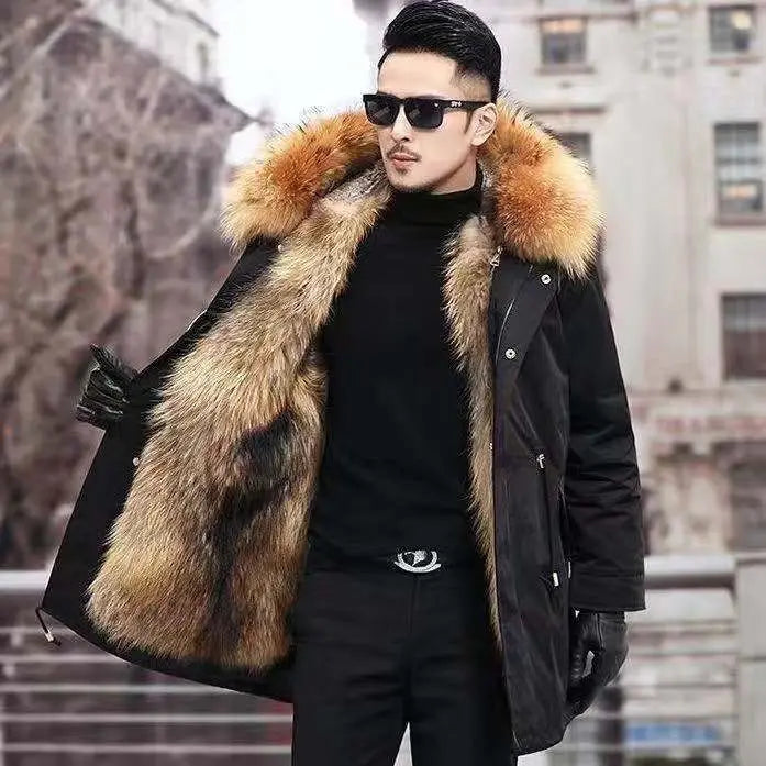 Abrigo de piel sintética Parker para hombre, cálido y nuevo de invierno, de una pieza, de piel sintética de visón, de longitud media.