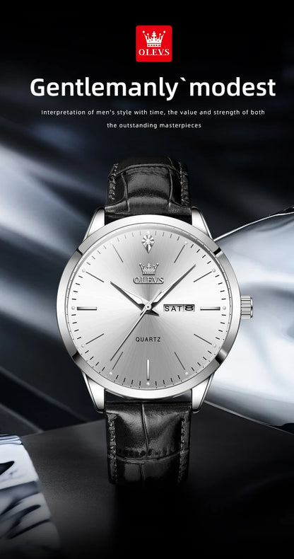 Reloj de vestir de cuarzo OLEVS 2935 con calendario dual para hombre, sencillo y original, de cuero, resistente al agua, luminoso, para negocios.