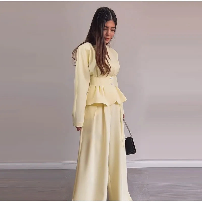 Solid Yellow Pant 2 Piece Set Women's Full Sleeves Buttons Waist-cinching Coats Wide-leg Trousers 2026 New Ladies Autumn Outfit