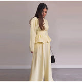 Solid Yellow Pant 2 Piece Set Women's Full Sleeves Buttons Waist-cinching Coats Wide-leg Trousers 2026 New Ladies Autumn Outfit