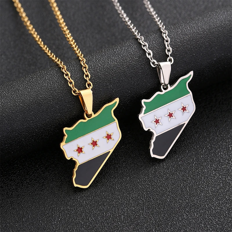 Collar con colgante de acero inoxidable con la bandera de Siria, estilo hip hop, para hombre y mujer.
