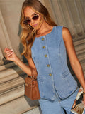 Streetwear Denim 2 Piece Sets Women Outfit Summer Clothes Women 2025 Sleeveless Vest Top Wide Leg Pants Sets Jeans Two Piece Set