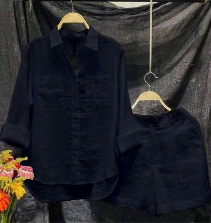 Conjunto informal de dos piezas de lino y algodón para mujer, moda de verano 2024, camisa de manga larga blanca y pantalones cortos, chándal de dos piezas