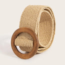 Ladies Round Dark Wooden Buckle Pp Straw Woven Elastic Belt Versatile Summer Fashion Bohemian Style Geometric Pattern