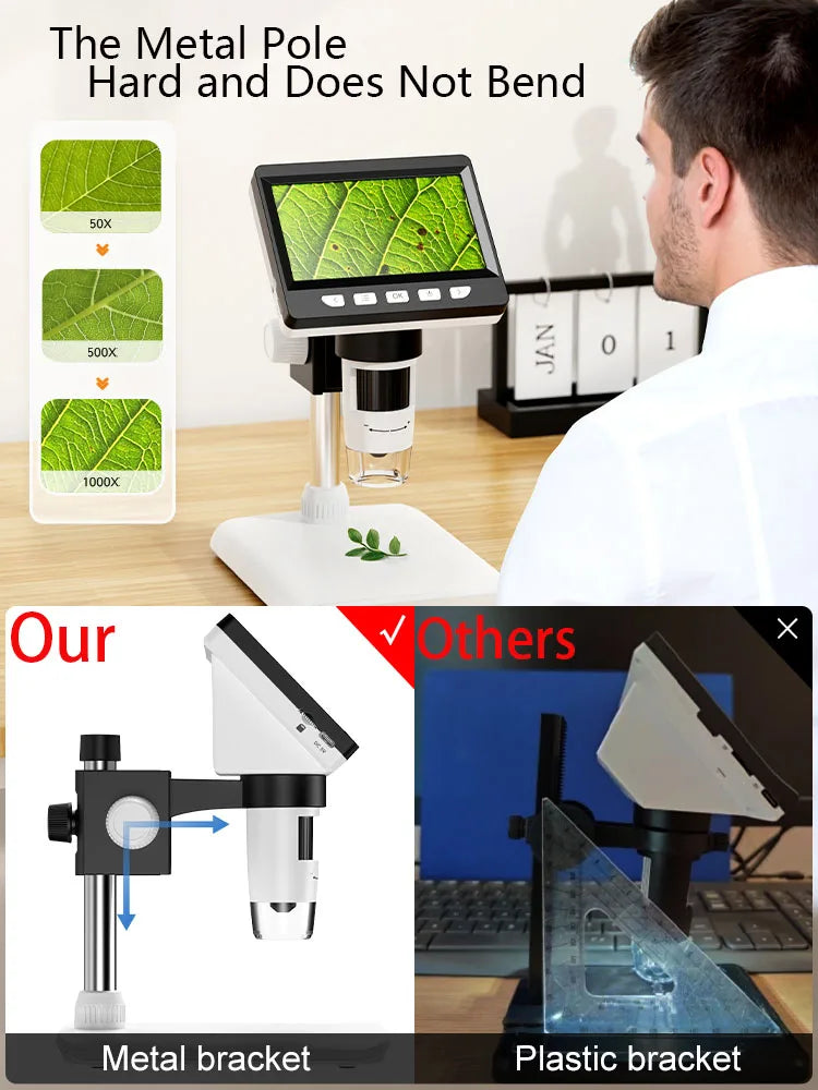 4.3 Inch Digital Microscope 1080P 50-1000x Coin Microscope 2000mAh Soldering Microscope for Electronics Repair PCB PC Laptop