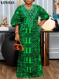Plus Size 5XL VONDA Bohemian Summer Women Long Dress Printed Sundress Fashion Puff Sleeve V Neck Loose Casual Vestidos Robe