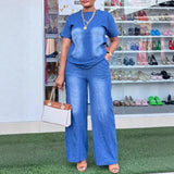 Women Pant Set Two Piece Sets Denim Round Neck Short Sleeve Tops Casual Loose Wide Leg Long Pants High Waist Y2k Streetwear