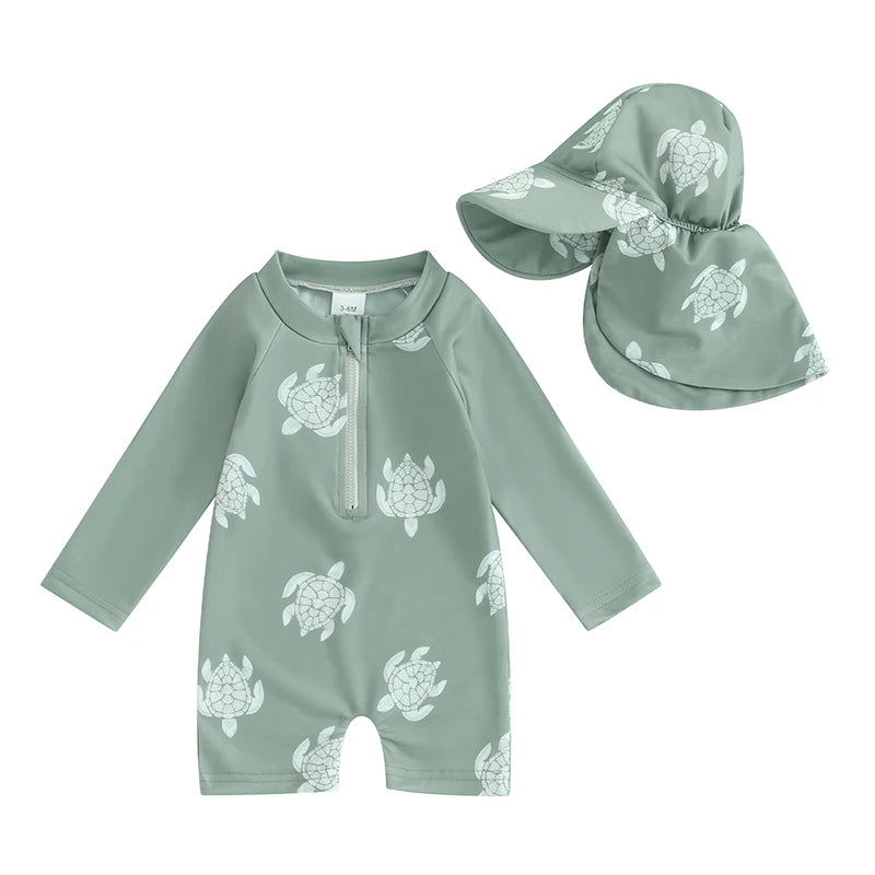 Traje de baño Tregren para niños pequeños, de manga larga, con estampado de tortuga y dinosaurio, con gorro de baño y ropa de playa.