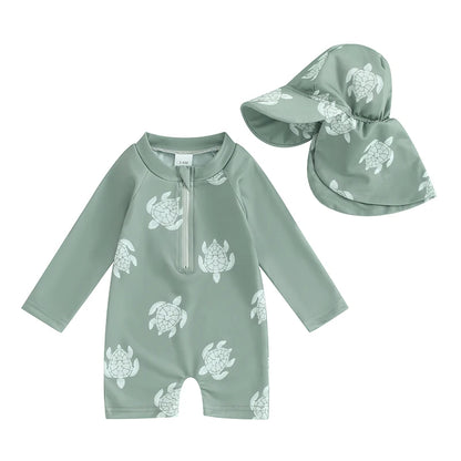 Traje de baño Tregren para niños pequeños, de manga larga, con estampado de tortuga y dinosaurio, con gorro de baño y ropa de playa.