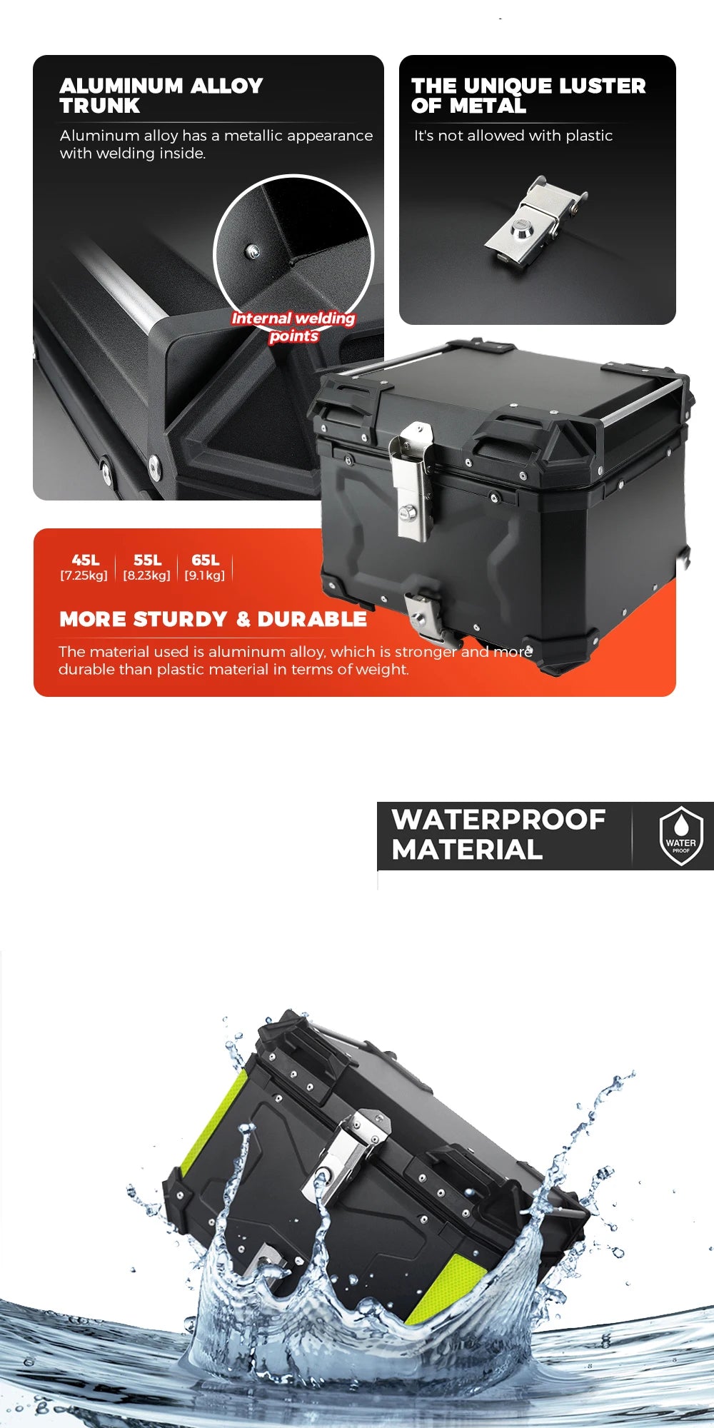 KEMIMOTO 45L/55L/65L Motorcycle Aluminum Case Tail Box Trunk with backrest Universal Top Tail Rear Luggage Tool Storage Box