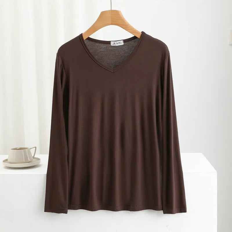 Modal Bottoming Tshirt Long sleeves thin Mask T-shirts Solid color V-Neck Base Tee Tops Plus size loose undershirt all match