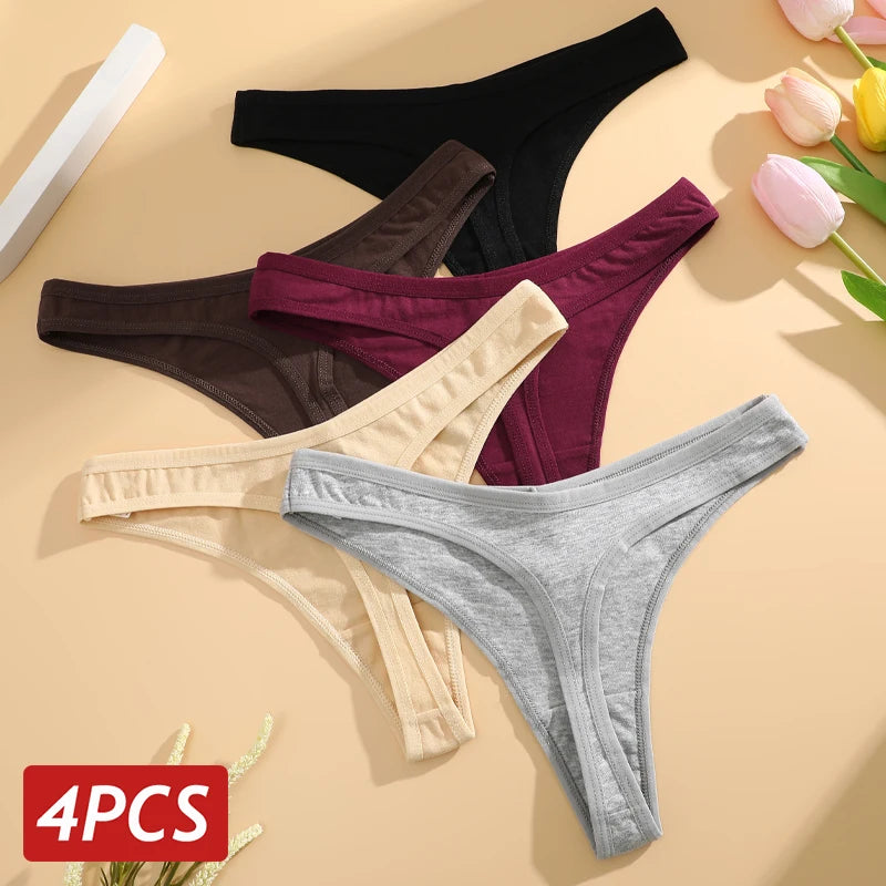 4 unids/set de bragas de algodón para mujer, tangas de tiro bajo sin costuras, cintura en V, ropa interior transpirable de Color sólido, lencería suave íntima para mujer