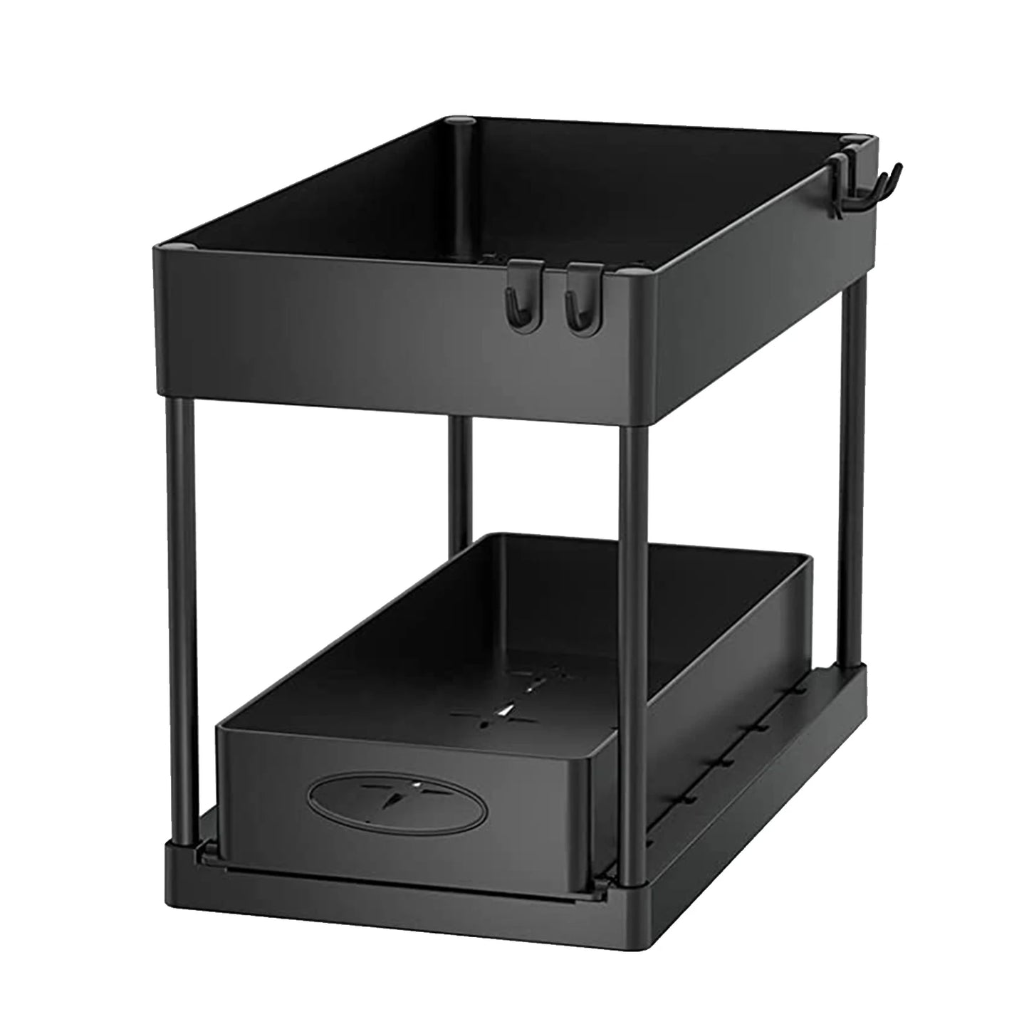 2 Tier Under Sink Organizer Sliding Cabinet Basket Organizer Storage Rack with Hooks Hanging Cup Bathroom Kitchen Organizer