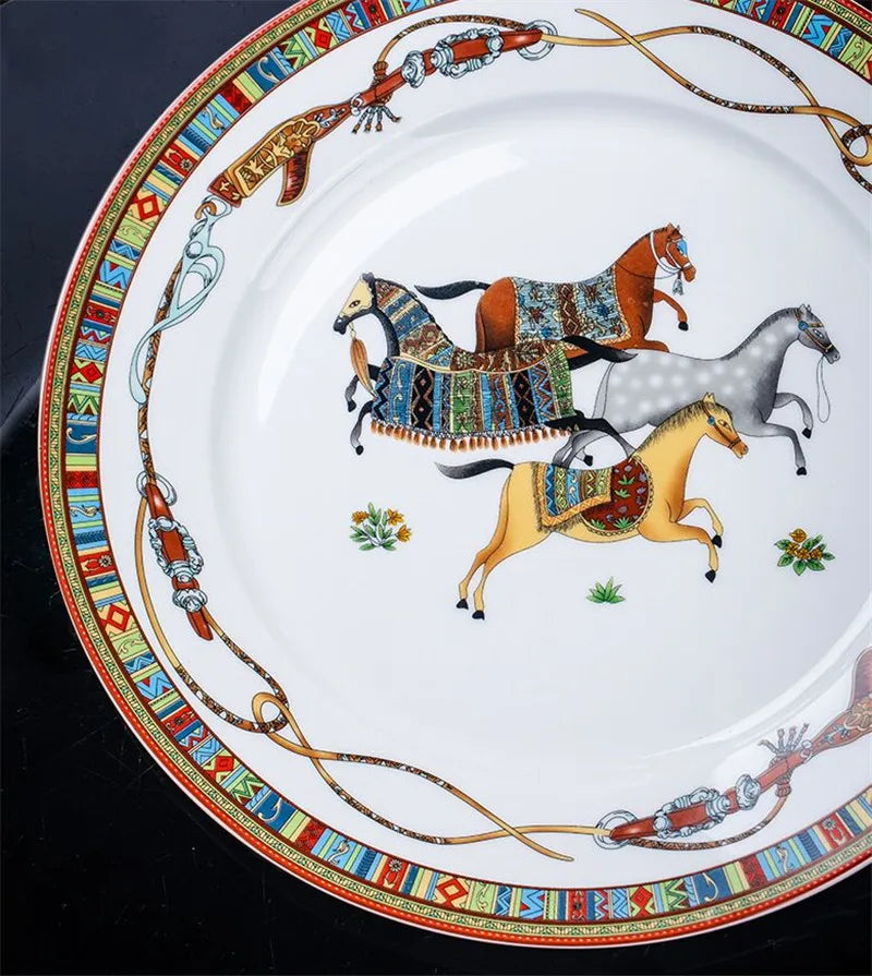 Bone China Tableware Set,Ceramic Luxury Kitchen Dinnerware,Porcelain Bowl,Plate,Spoon Combination,Wedding Gift,Horse Finished