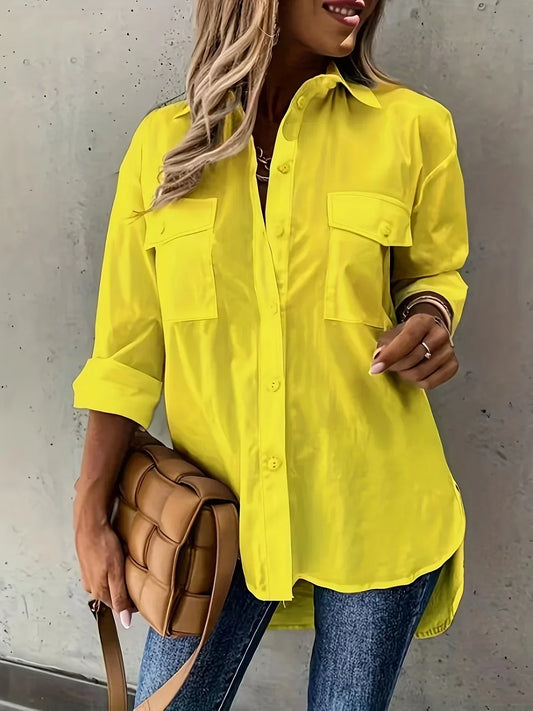 Camisa de mujer de talla grande 1XL-5XL de color liso con solapa y bolsillo decorativo, informal, holgada y sencilla, de manga larga