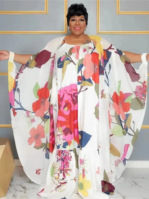 SOMO Plus Size Two Piece Set Mulheres Vestido e Xale Combinando Verão 2023 Deslizamento Floral Férias Novas Roupas Por Atacado Dropshiping