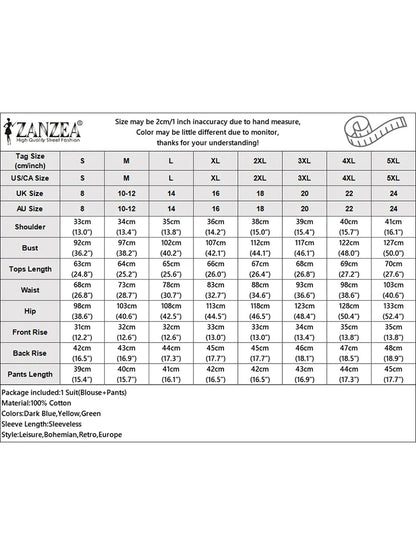ZANZEA Fashion Sleeveless Tops Short Sets Two Piece Sets Summer Womens Outifits Beach Tracksuit Vintage Solid Cotton Pants Suits