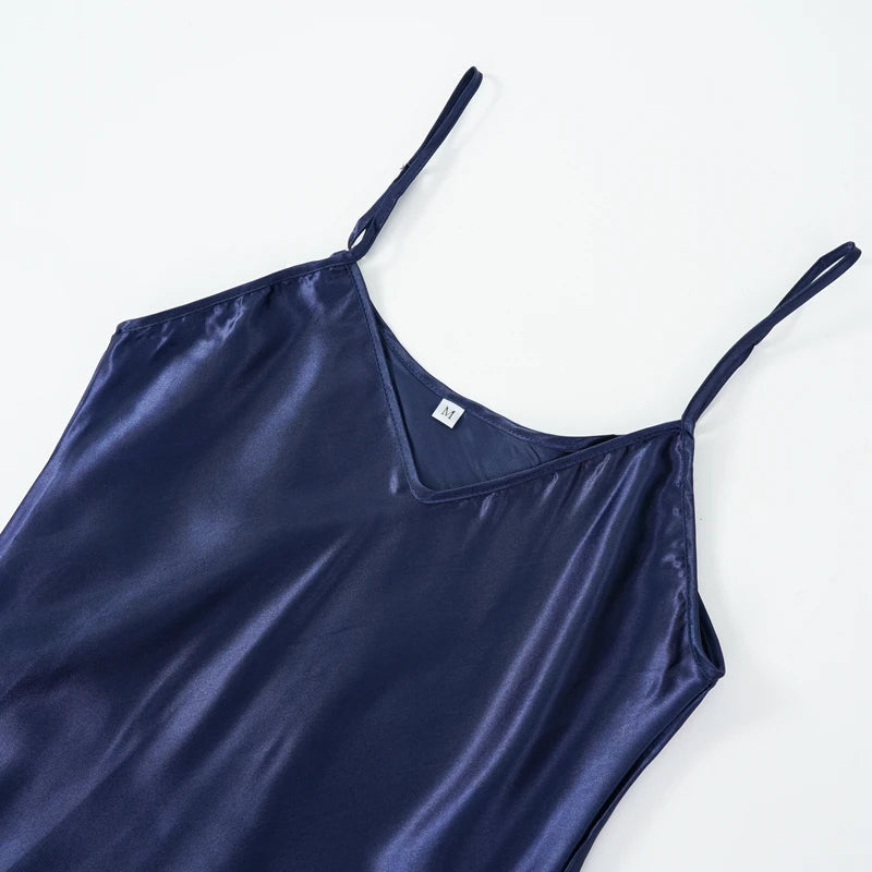 Camisón sexy de satén para mujer, de seda sintética, con tirantes finos, cuello en V, sin mangas