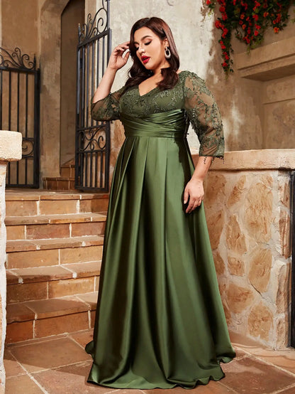 Vestido de noche Mgiacy de talla grande con escote en V, encaje bordado, mosaico de satén, falda larga doblada a mano, vestido de fiesta de graduación 