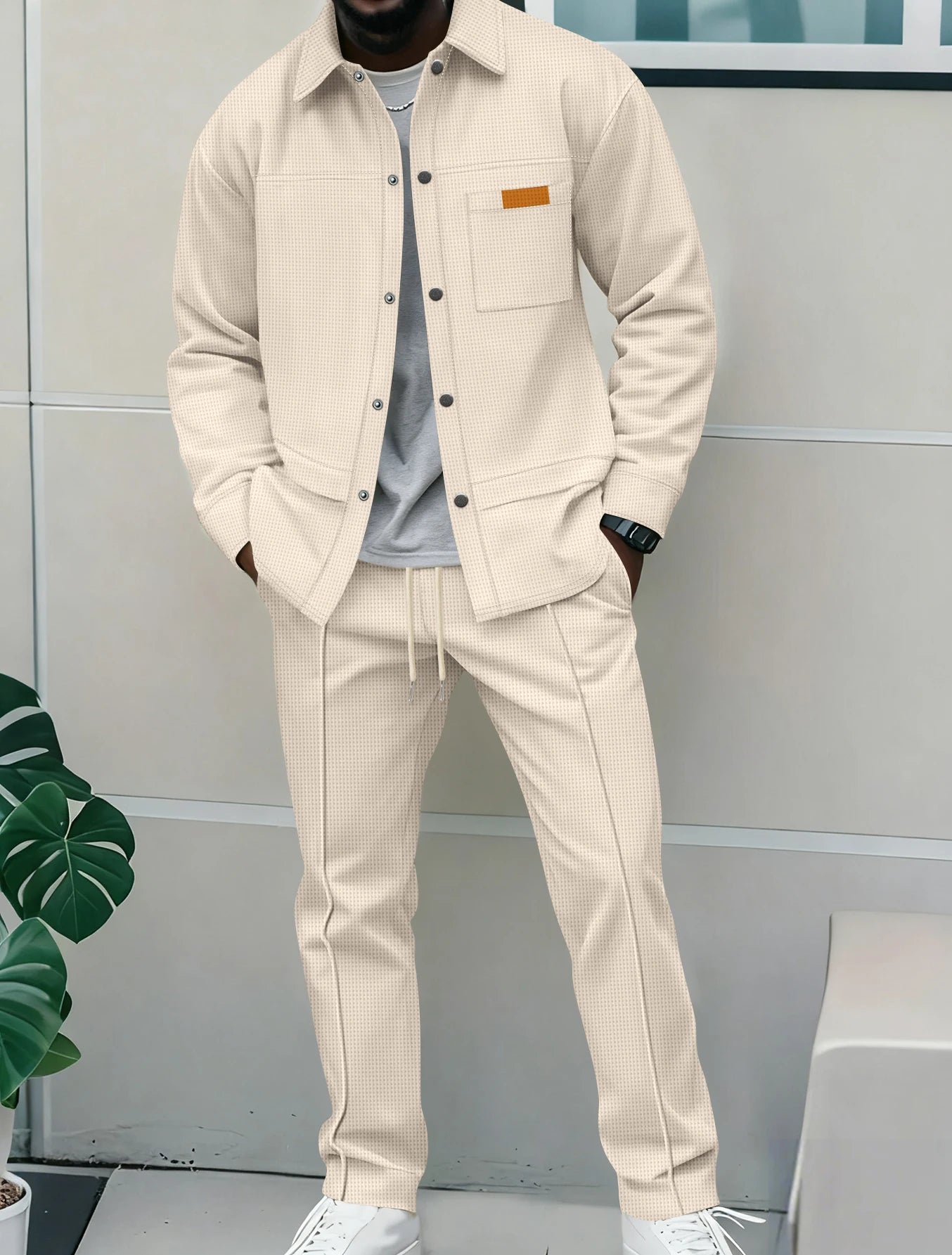 Men's Textured 2 Piece Outfits Lapel Collar Button Down Shirt Jacket & Drawstring Pants Set Casual Streetwear Tracksuit