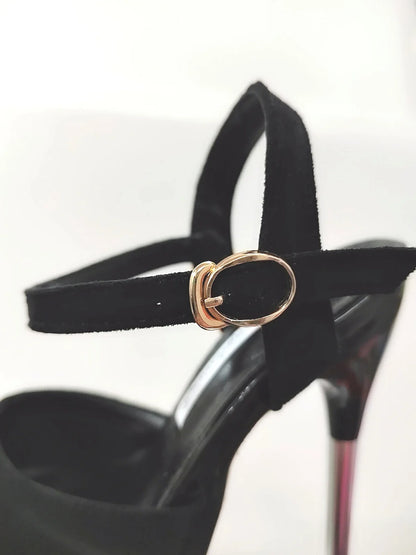 New Super High Thin Heels 30 Cm Steel Heels Large Size Women's Sandals Suede Black Buckle Sky-high Sexy Shoes platform sandals