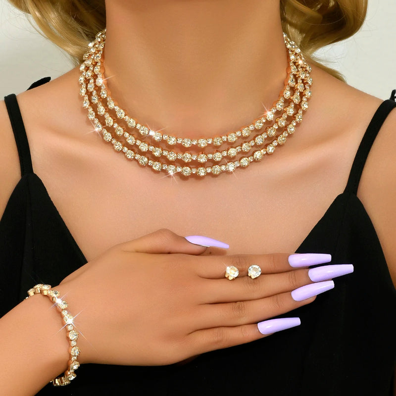 4-piece women's jewelry set with rhinestones, multi-layer collars, earrings, bracelets, wedding party accessories