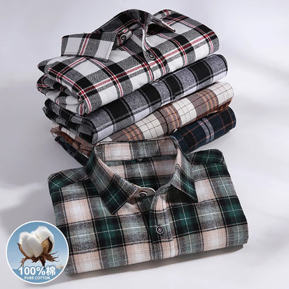 Men Fashion Long Sleeve Brushed Flannel Shirt Single Pocket Comfortable 100% Cotton Casual Slim Fit Button-down Plaid Shirts 8XL