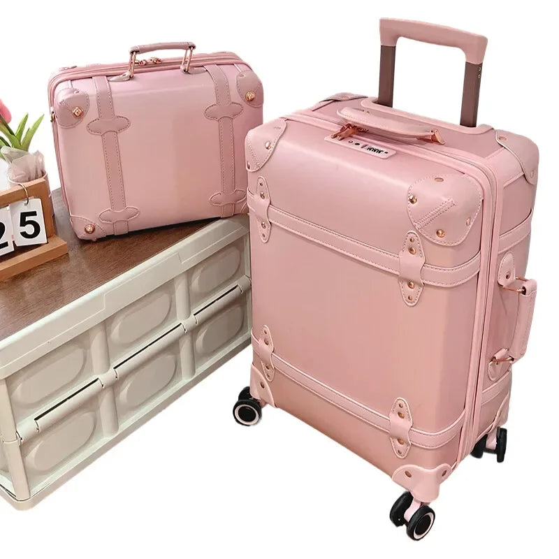 Vintage Leather Women Luggage Set 20in Carry-On + 24/26in Checked Suitcase Luxury Travel Trolley Case with Pink Handbag