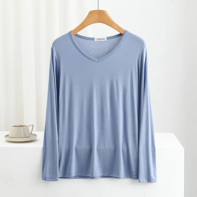 Modal Bottoming Tshirt Long sleeves thin Mask T-shirts Solid color V-Neck Base Tee Tops Plus size loose undershirt all match