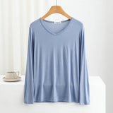 Modal Bottoming Tshirt Long sleeves thin Mask T-shirts Solid color V-Neck Base Tee Tops Plus size loose undershirt all match