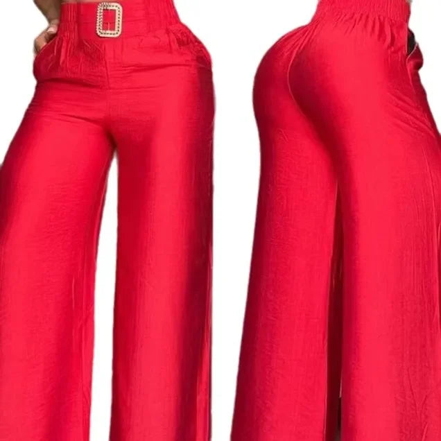 Pantalones elegantes para mujer, moda sólida, sueltos y delgados, con altavoz decorativo de metal, pantalones de pierna ancha y cintura alta para mujer, otoño 2024, nuevos