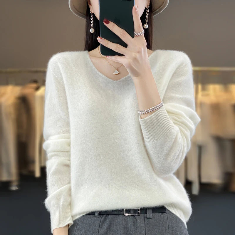 Suéter básico de otoño-invierno 2024 para mujer, 100 % lana merino, cuello en V, tejido de punto liso, jersey de oficina para mujer, manga larga, cachemir.