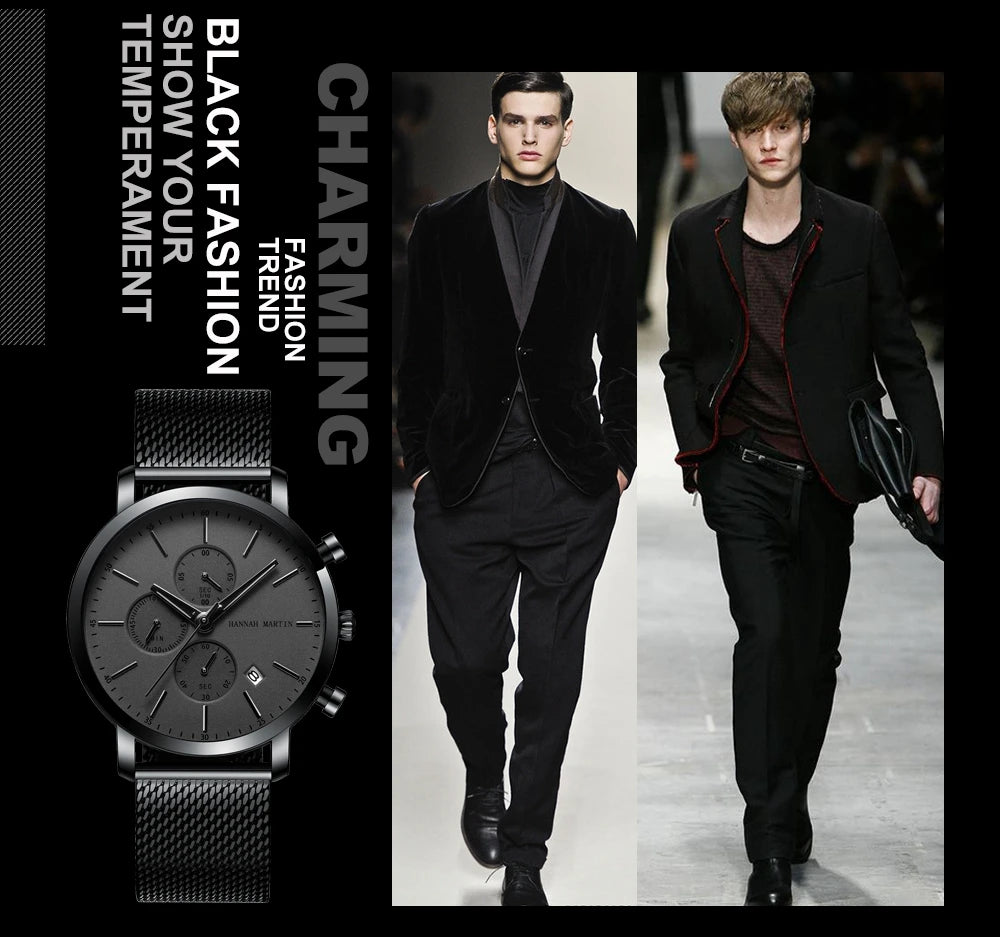 HANNAH MARTIN Brand Men Watch Black Stainless Steel Waterproof Fashion Sports Multifunctional Quartz Wristatch Relogio Masculino
