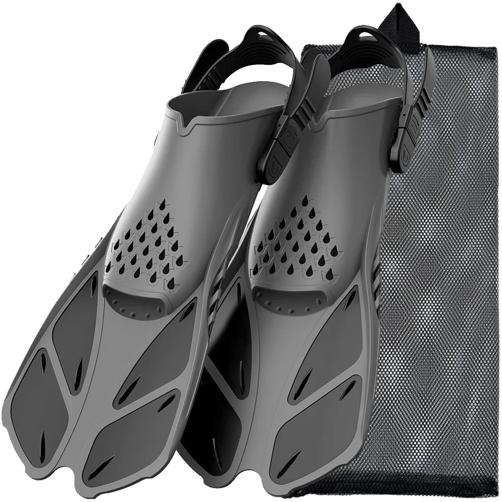 Aletas de snorkel con hebillas ajustables, aletas de natación cortas de silicona, zapatos de buceo con tacón abierto, talla de viaje, para adultos, hombres y mujeres