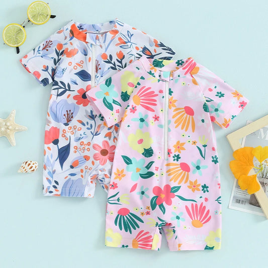 Traje de baño para niñas pequeñas, con protección contra erupciones, con cremallera, manga corta, estampado floral, para bebés