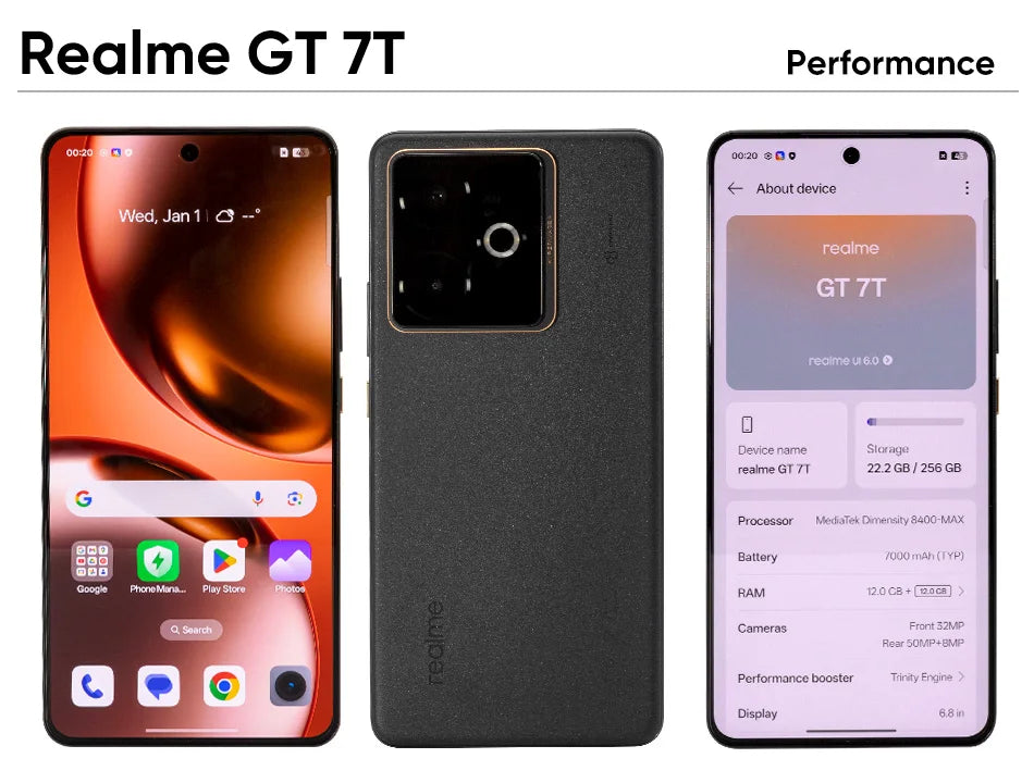 realme GT 7T Smartphone 5G 2025 New MediaTek 8400-MAX 7000mAh Titan Battery 120W Ultra Charge 6.8'' 120Hz Display Global Version